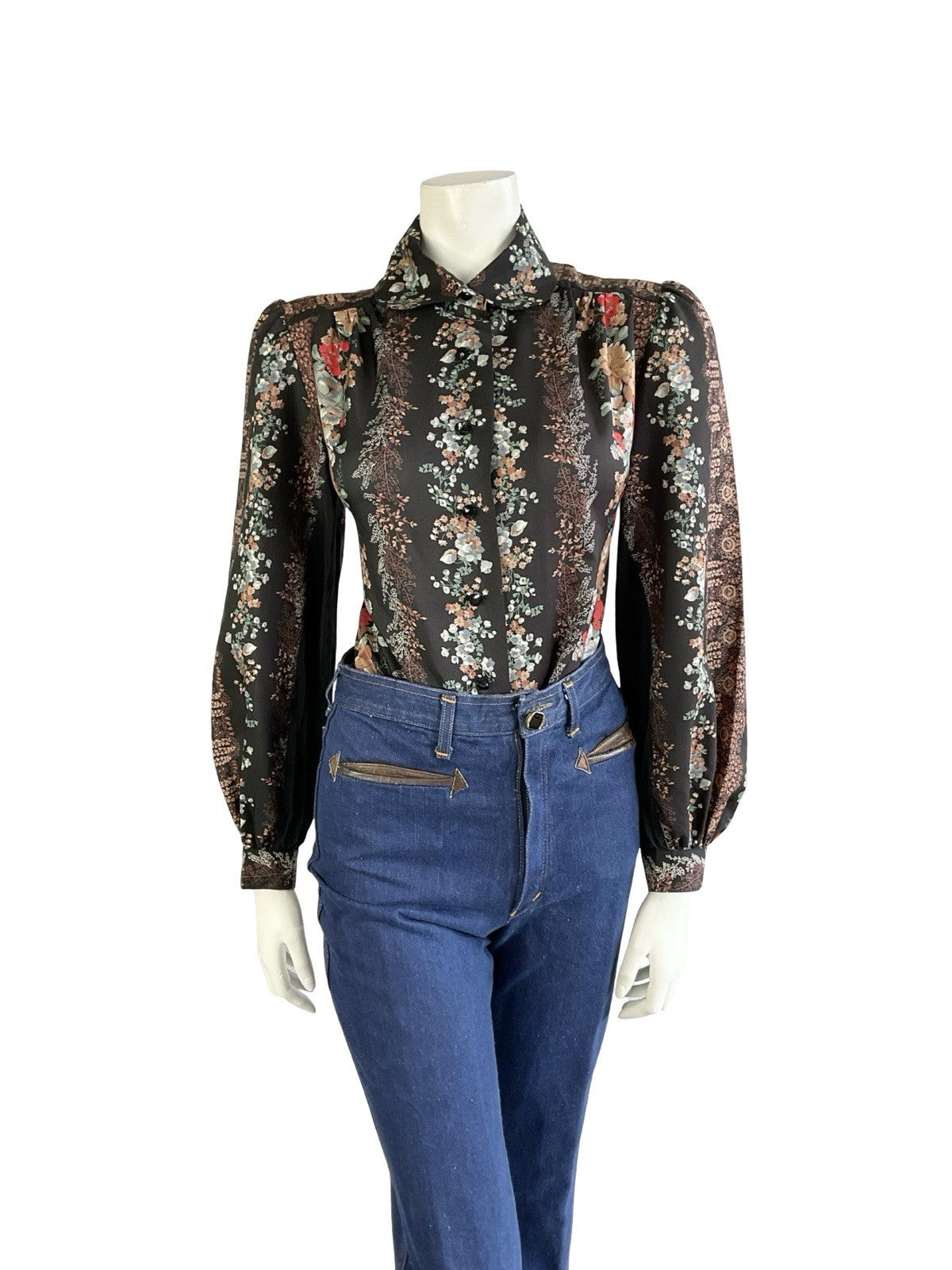 VTG 70S LUCIE LINDEN BLACK BROWN RED BLUE FLORAL FOLK PETER PAN COLLAR SHIRT 12