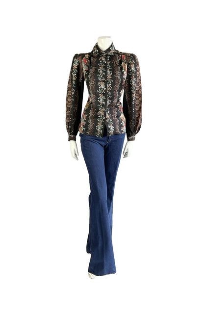 VTG 70S LUCIE LINDEN BLACK BROWN RED BLUE FLORAL FOLK PETER PAN COLLAR SHIRT 12