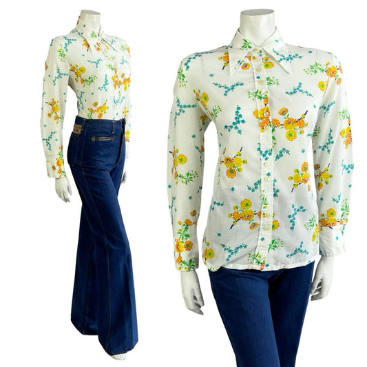 VTG 60S 70S MOD WHITE YELLOW BLUE FLORAL DAGGER COLLAR SHIRT 14