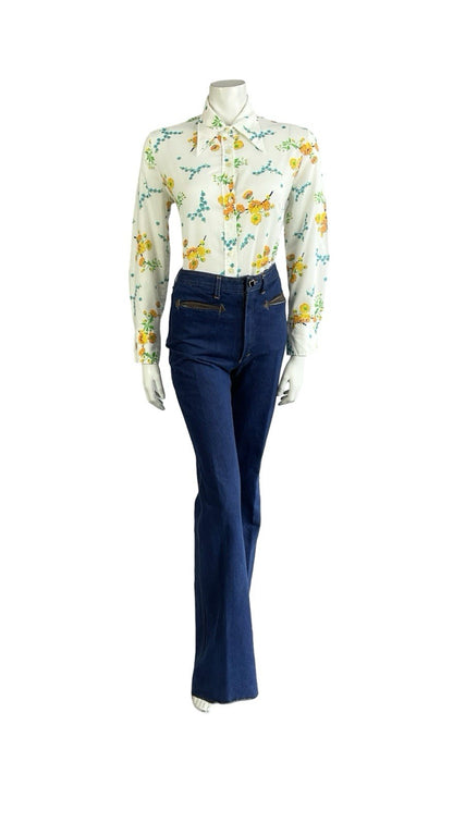 VTG 60S 70S MOD WHITE YELLOW BLUE FLORAL DAGGER COLLAR SHIRT 14