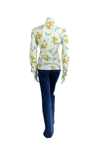 VTG 60S 70S MOD WHITE YELLOW BLUE FLORAL DAGGER COLLAR SHIRT 14