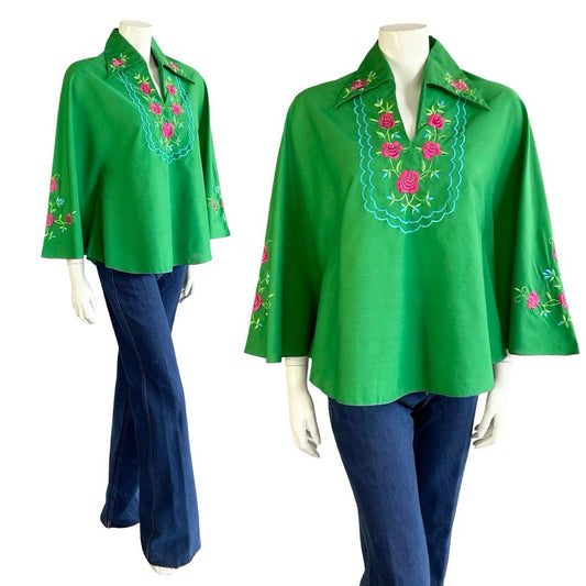VTG 60S 70S GREEN BLUE PINK ROSE EMBROIDERED DAGGER CAPE KAFTAN TOP 8 10 S