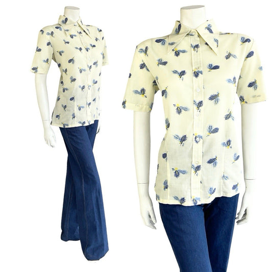 VTG 60S 70S CREAM BLUE YELLOW FEATHER DAGGER COLLAR MOD SHORT SLEEVE SHIRT 16