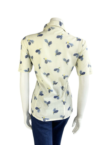 VTG 60S 70S CREAM BLUE YELLOW FEATHER DAGGER COLLAR MOD SHORT SLEEVE SHIRT 16