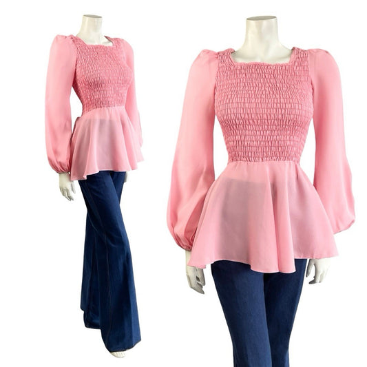 VTG 70S LIGHT PINK DISCO PEPLUM RUCHED ELASTICATED BISHOP SLEEVE TOP XS 6