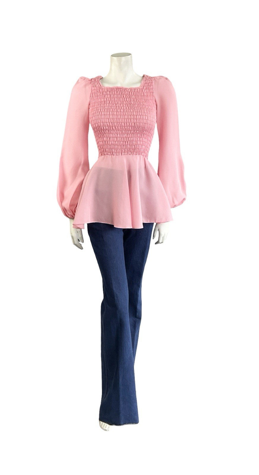 VTG 70S LIGHT PINK DISCO PEPLUM RUCHED ELASTICATED BISHOP SLEEVE TOP XS 6