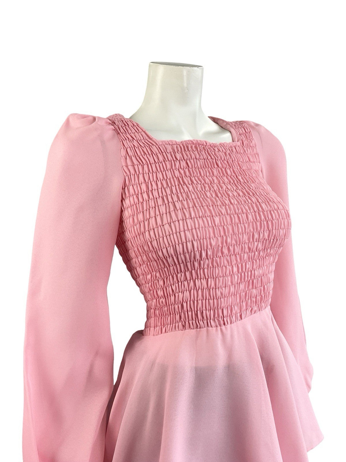 VTG 70S LIGHT PINK DISCO PEPLUM RUCHED ELASTICATED BISHOP SLEEVE TOP XS 6