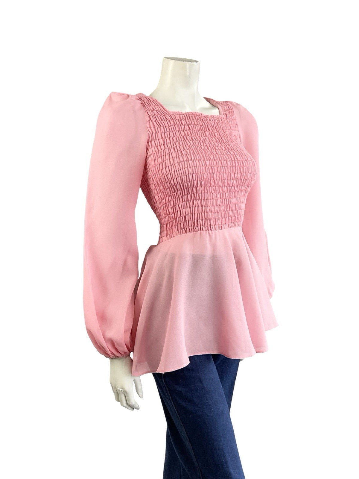 VTG 70S LIGHT PINK DISCO PEPLUM RUCHED ELASTICATED BISHOP SLEEVE TOP XS 6
