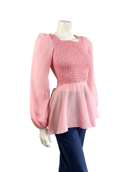 VTG 70S LIGHT PINK DISCO PEPLUM RUCHED ELASTICATED BISHOP SLEEVE TOP XS 6