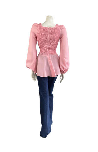 VTG 70S LIGHT PINK DISCO PEPLUM RUCHED ELASTICATED BISHOP SLEEVE TOP XS 6