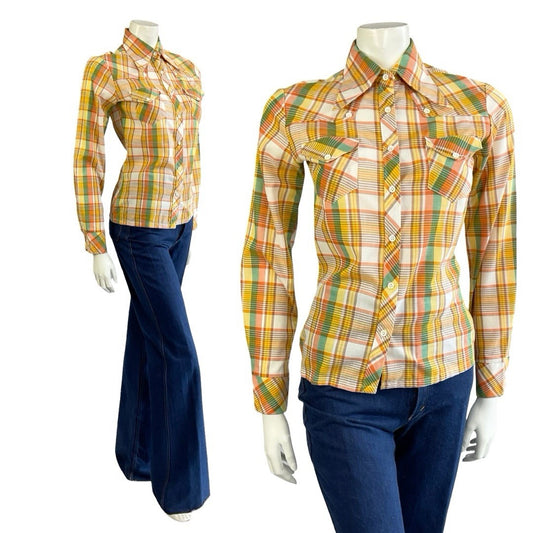 VTG 70S ORANGE YELLOW WHITE GREEN WESTERN DAGGER COLLAR PLAID CHECKED SHIRT 8 S