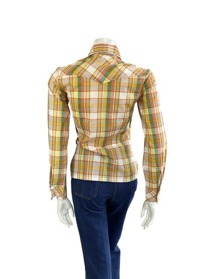 VTG 70S ORANGE YELLOW WHITE GREEN WESTERN DAGGER COLLAR PLAID CHECKED SHIRT 8 S