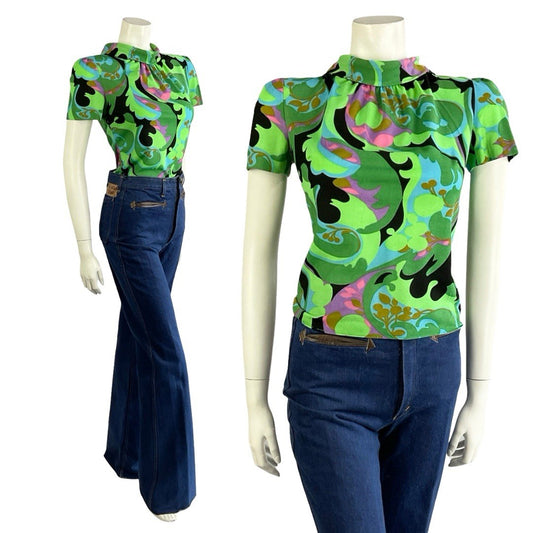 VTG 60S GREEN BLACK BLUE PSYCHEDELIC GEOMETRIC PAISLEY FUNNEL NECK MOD TOP 10