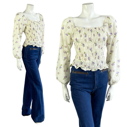 VTG 70S CREAM PURPLE PINK BROWN FLORAL RUCHED ELASTICATED ROMANTIC BLOUSE  8 10