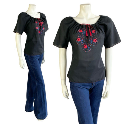 VTG 70S BLACK RED BLUE FOLK GEOMETRIC FLORAL EMBROIDERY TIE NECK BLOUSE 12