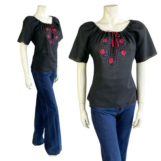 VTG 70S BLACK RED BLUE FOLK GEOMETRIC FLORAL EMBROIDERY TIE NECK BLOUSE 12