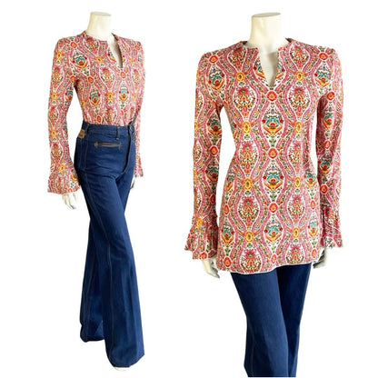 VTG 60S 70S PINK WHITE ORANGE BLUE CORDUROY HIPPY FLUTE SLEEVE TUNIC TOP 8