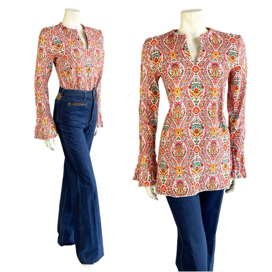 VTG 60S 70S PINK WHITE ORANGE BLUE CORDUROY HIPPY FLUTE SLEEVE TUNIC TOP 8