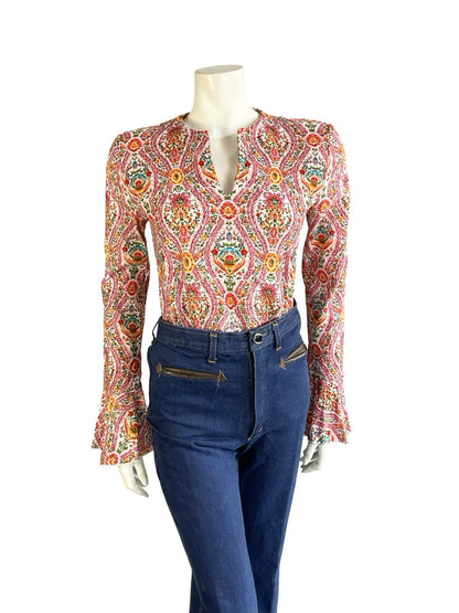 VTG 60S 70S PINK WHITE ORANGE BLUE CORDUROY HIPPY FLUTE SLEEVE TUNIC TOP 8