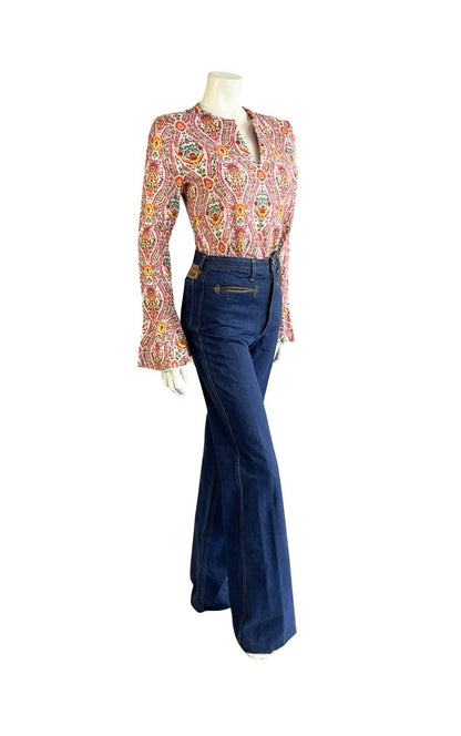 VTG 60S 70S PINK WHITE ORANGE BLUE CORDUROY HIPPY FLUTE SLEEVE TUNIC TOP 8