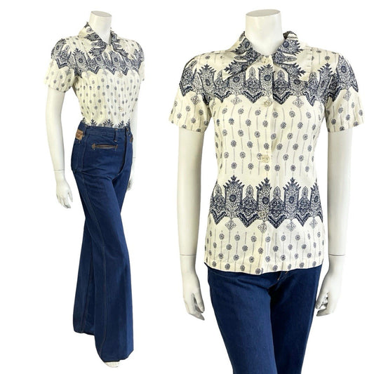 VTG 60S 70S CREAM NAVY BLUE MANDALA PSYCHEDELIC GEOMETRIC SHIRT 8 S