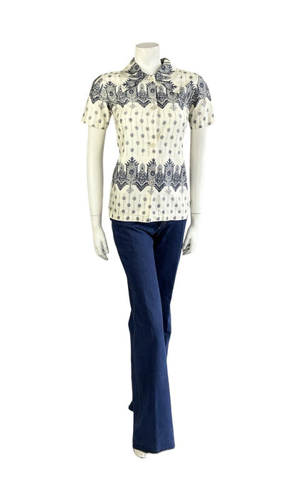 VTG 60S 70S CREAM NAVY BLUE MANDALA PSYCHEDELIC GEOMETRIC SHIRT 8 S