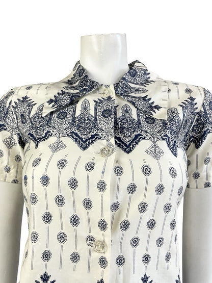 VTG 60S 70S CREAM NAVY BLUE MANDALA PSYCHEDELIC GEOMETRIC SHIRT 8 S