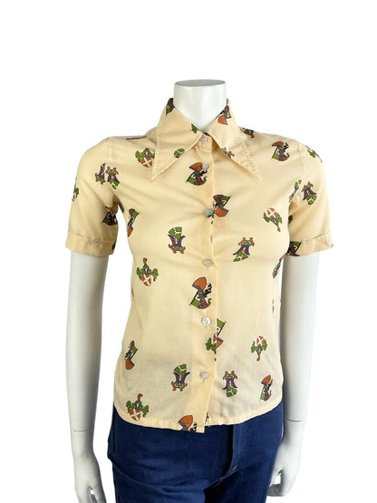 VTG 60S 70S PEACH ORANGE GREEN PURPLE COAT OF ARMS DAGGER COLLAR SHIRT XS 6