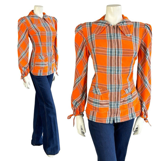 VTG 70S ORANGE BLUE BLACK PLAID DOG EAR COLLAR MOD PUNK ZIP UP SHIRT 12 14 M