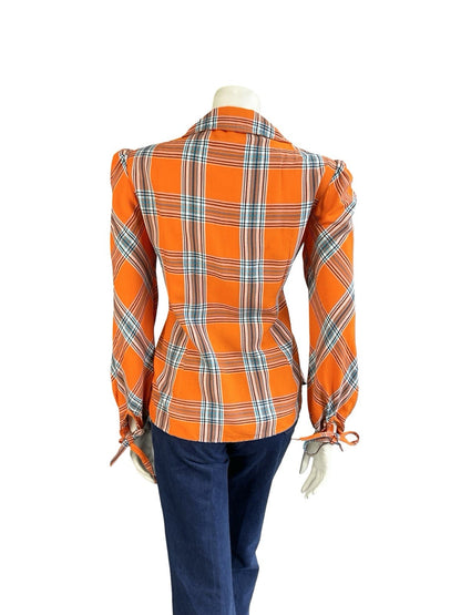 VTG 70S ORANGE BLUE BLACK PLAID DOG EAR COLLAR MOD PUNK ZIP UP SHIRT 12 14 M
