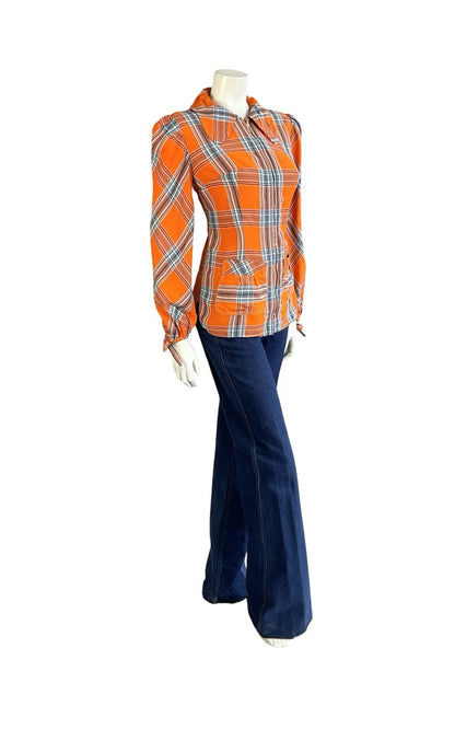 VTG 70S ORANGE BLUE BLACK PLAID DOG EAR COLLAR MOD PUNK ZIP UP SHIRT 12 14 M