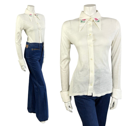 VTG 70S CREAM PINK GREEN EMBROIDERED ROSE DAGGER NEAPOLITAN SLEEVE SHIRT 12
