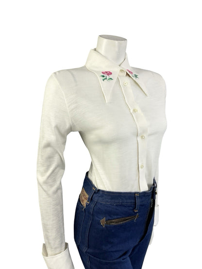 VTG 70S CREAM PINK GREEN EMBROIDERED ROSE DAGGER NEAPOLITAN SLEEVE SHIRT 12