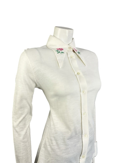 VTG 70S CREAM PINK GREEN EMBROIDERED ROSE DAGGER NEAPOLITAN SLEEVE SHIRT 12