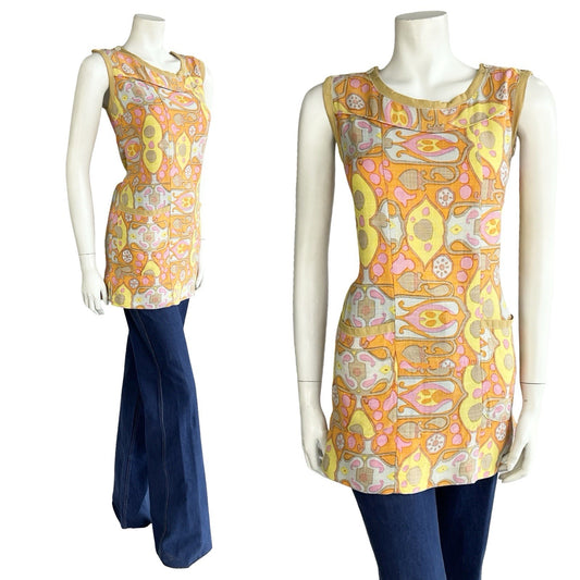 VTG 60S PINK ORANGE YELLOW BROWN PSYCHEDELIC PAISLEY TUNIC PINAFORE TOP 10