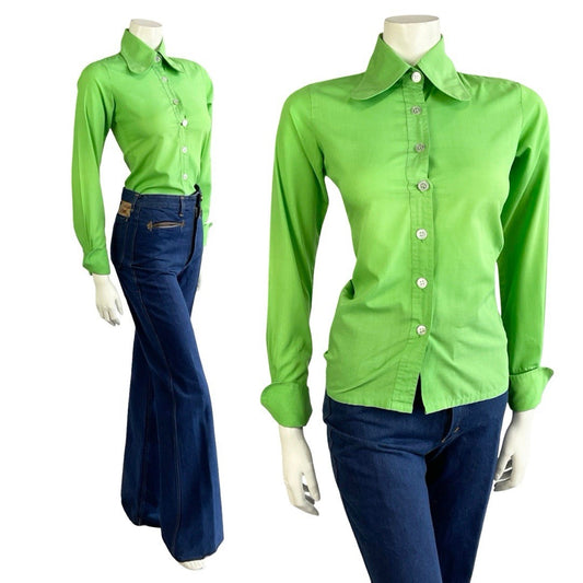 VTG 60S 70S APPLE GREEN MOD DOG EAR BEAGLE COLLAR NEAPOLITAN SLEEVE SHIRT 8