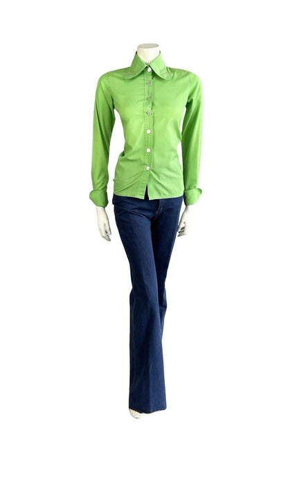 VTG 60S 70S APPLE GREEN MOD DOG EAR BEAGLE COLLAR NEAPOLITAN SLEEVE SHIRT 8