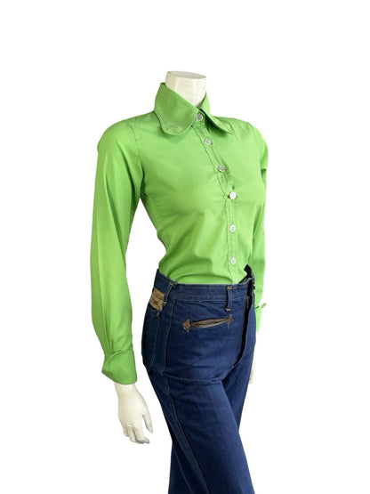 VTG 60S 70S APPLE GREEN MOD DOG EAR BEAGLE COLLAR NEAPOLITAN SLEEVE SHIRT 8