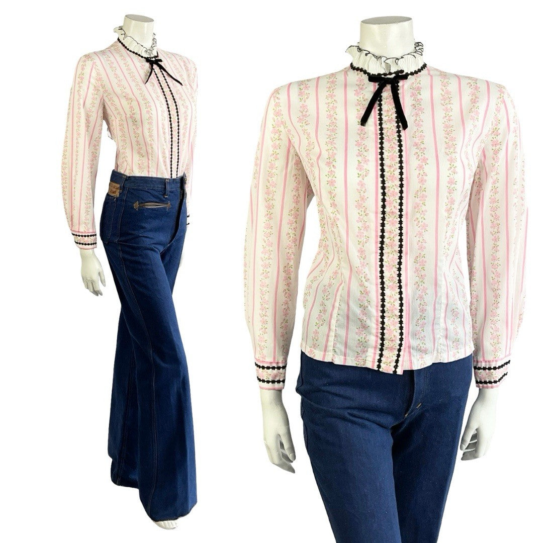 VTG 70S WHITE PINK BLACK EDWARDIAN FLORAL STRIPE VELVET BOW RUFFLE SHIRT 16