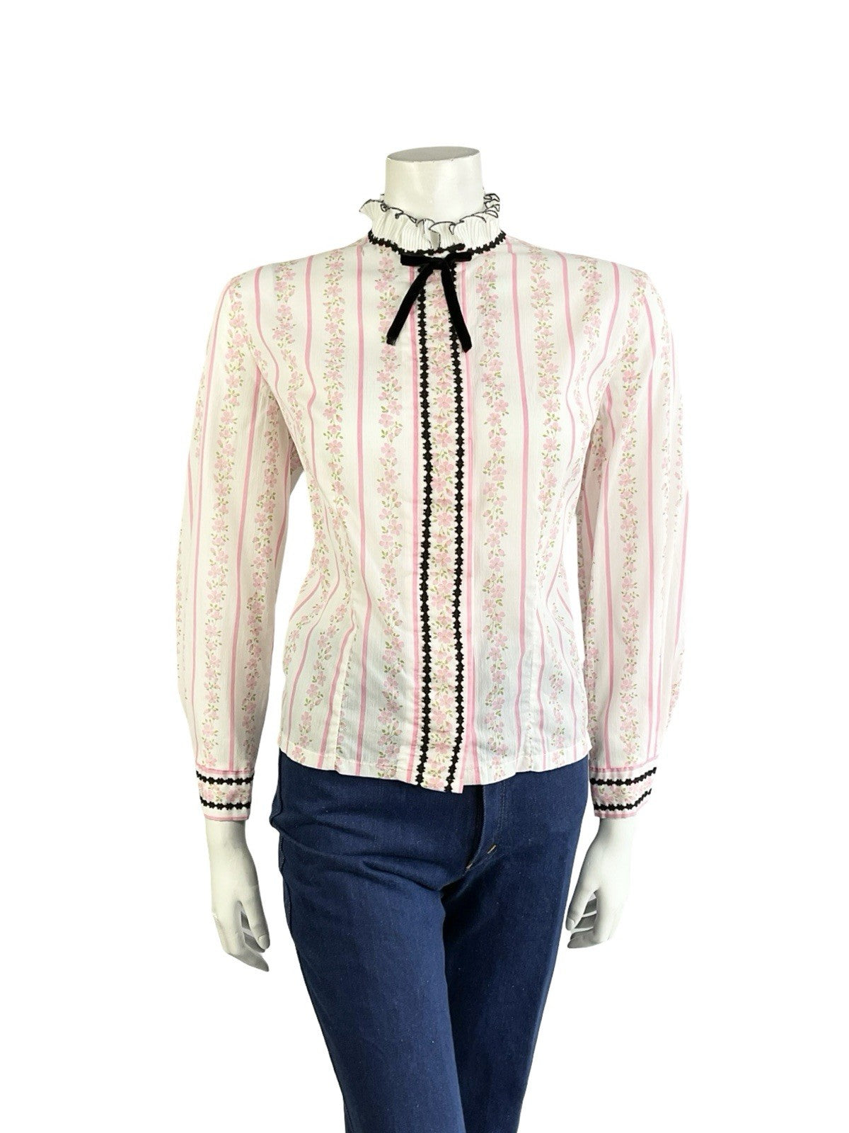 VTG 70S WHITE PINK BLACK EDWARDIAN FLORAL STRIPE VELVET BOW RUFFLE SHIRT 16
