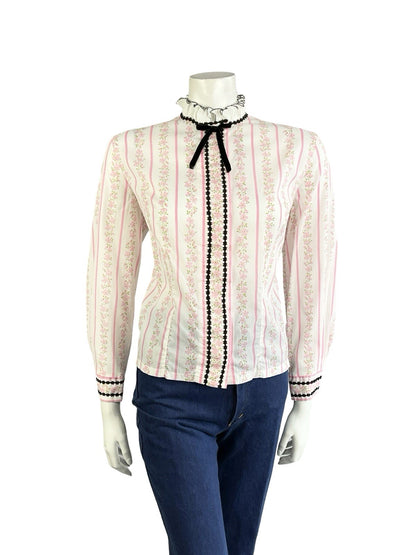 VTG 70S WHITE PINK BLACK EDWARDIAN FLORAL STRIPE VELVET BOW RUFFLE SHIRT 16