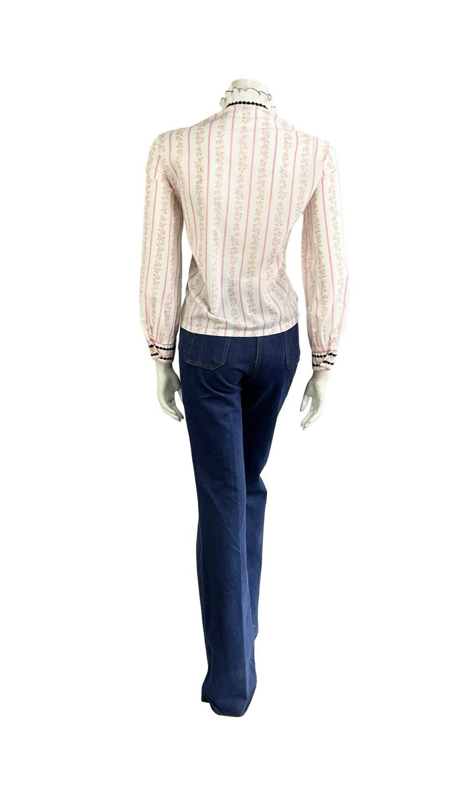 VTG 70S WHITE PINK BLACK EDWARDIAN FLORAL STRIPE VELVET BOW RUFFLE SHIRT 16