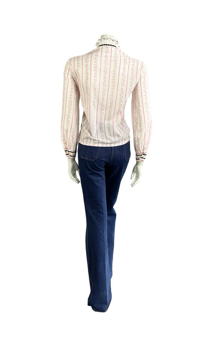 VTG 70S WHITE PINK BLACK EDWARDIAN FLORAL STRIPE VELVET BOW RUFFLE SHIRT 16