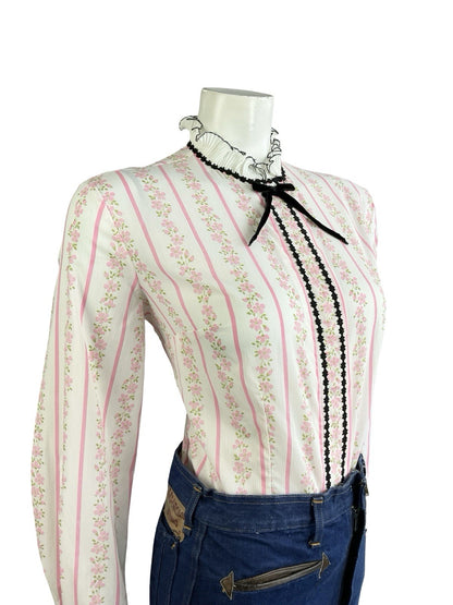 VTG 70S WHITE PINK BLACK EDWARDIAN FLORAL STRIPE VELVET BOW RUFFLE SHIRT 16