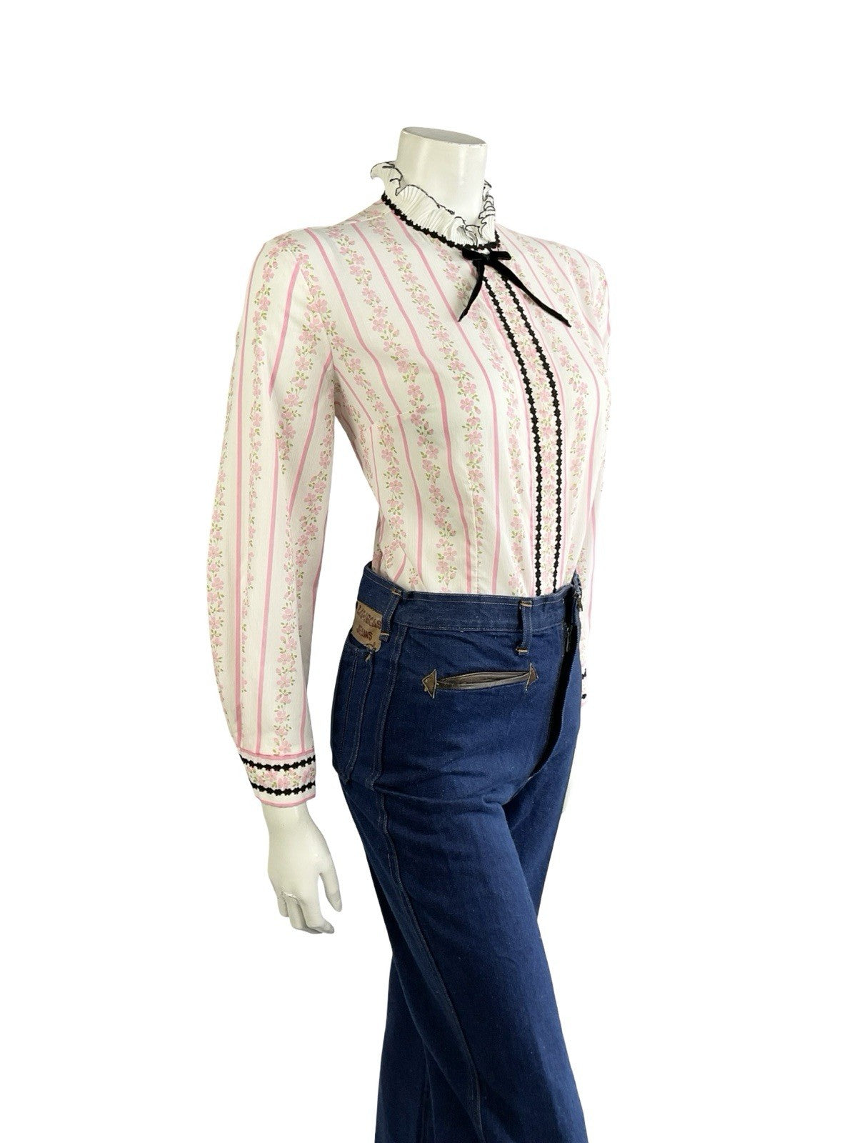 VTG 70S WHITE PINK BLACK EDWARDIAN FLORAL STRIPE VELVET BOW RUFFLE SHIRT 16