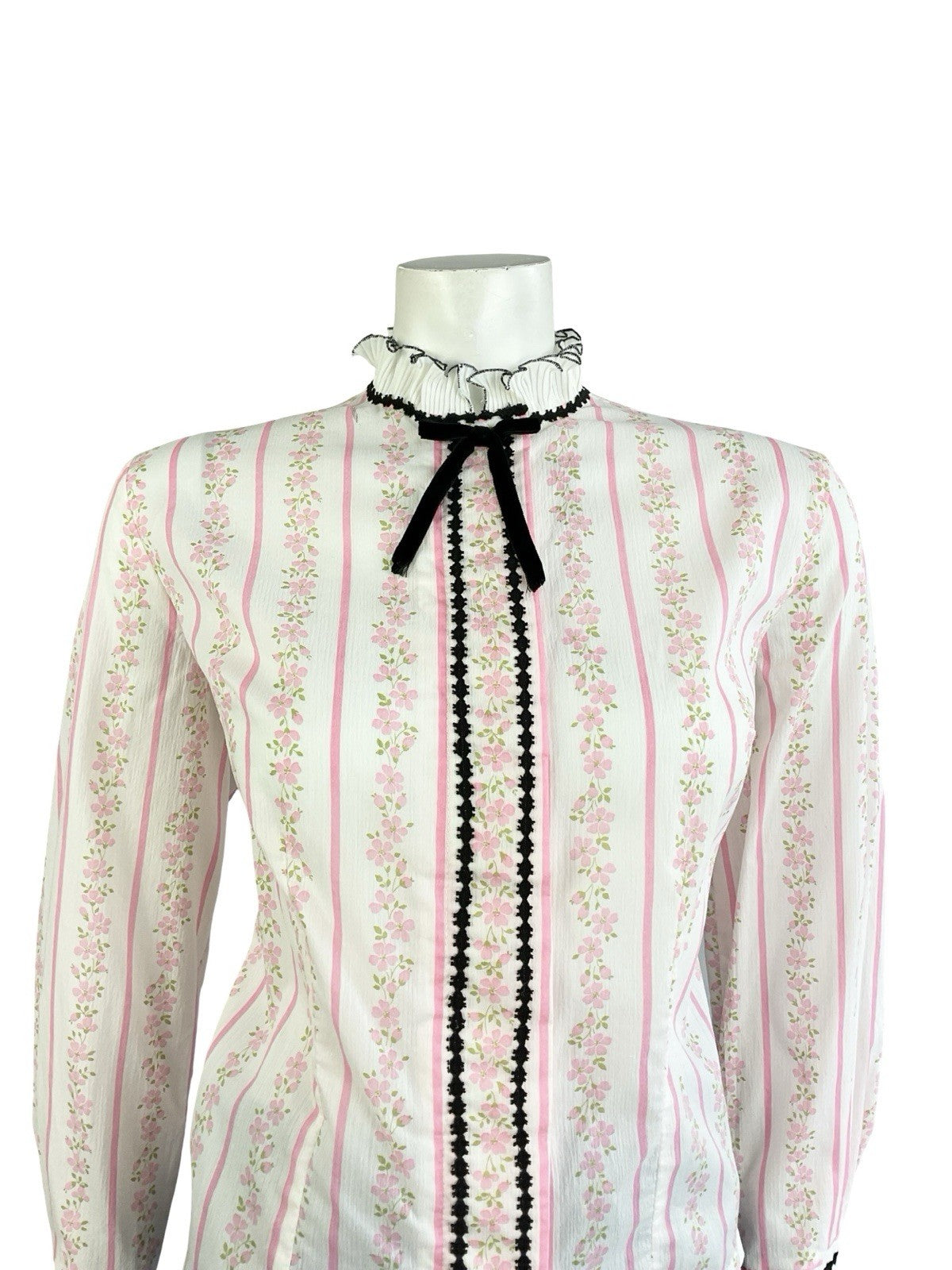VTG 70S WHITE PINK BLACK EDWARDIAN FLORAL STRIPE VELVET BOW RUFFLE SHIRT 16