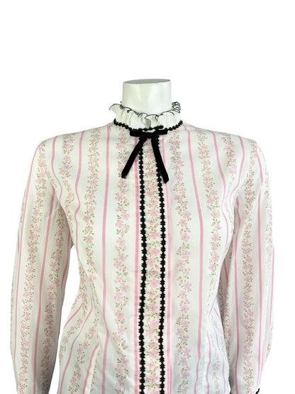 VTG 70S WHITE PINK BLACK EDWARDIAN FLORAL STRIPE VELVET BOW RUFFLE SHIRT 16
