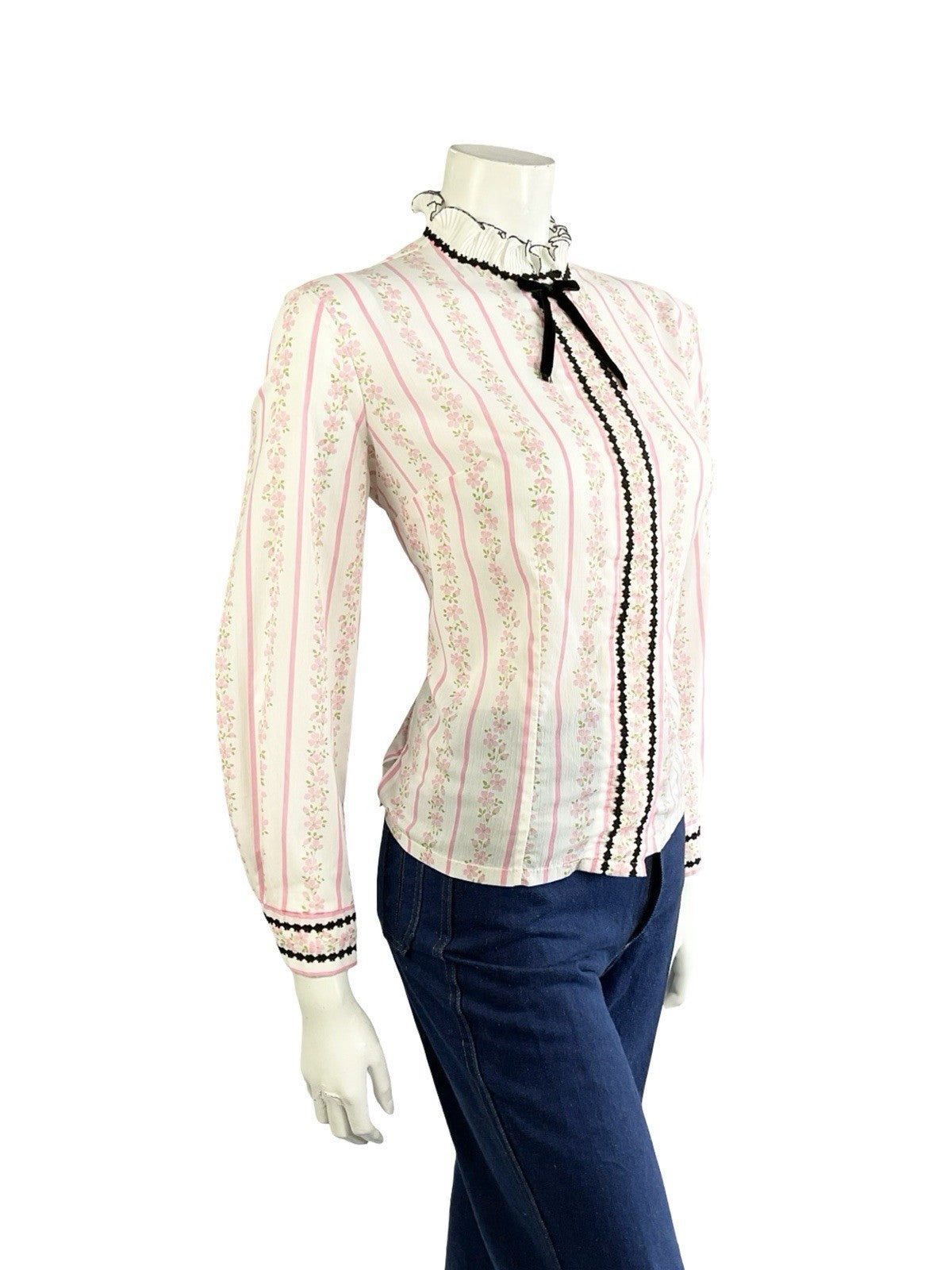 VTG 70S WHITE PINK BLACK EDWARDIAN FLORAL STRIPE VELVET BOW RUFFLE SHIRT 16