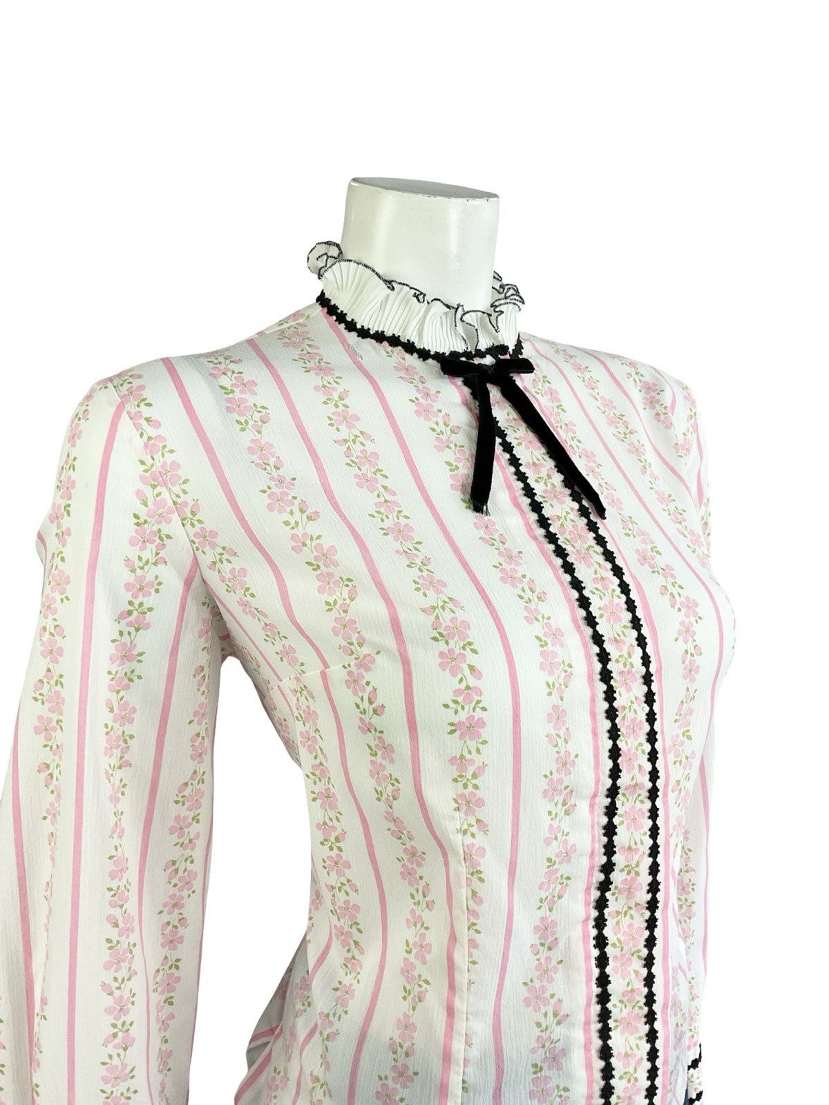 VTG 70S WHITE PINK BLACK EDWARDIAN FLORAL STRIPE VELVET BOW RUFFLE SHIRT 16