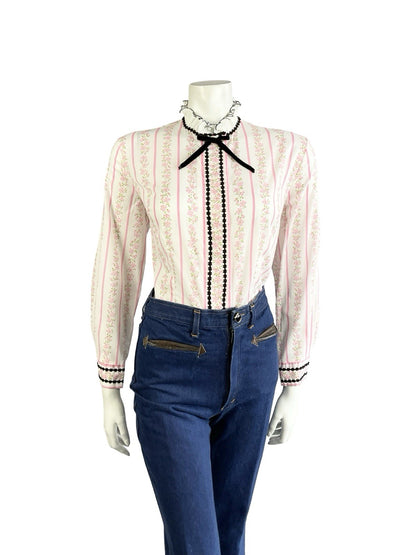 VTG 70S WHITE PINK BLACK EDWARDIAN FLORAL STRIPE VELVET BOW RUFFLE SHIRT 16
